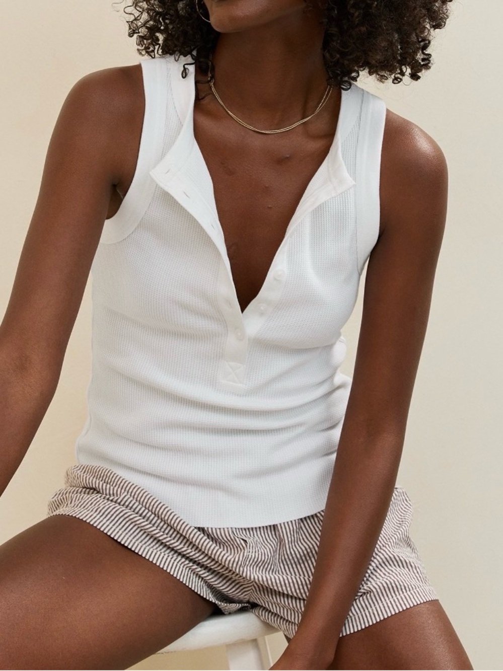 aerie White Ribbed Henley Tank